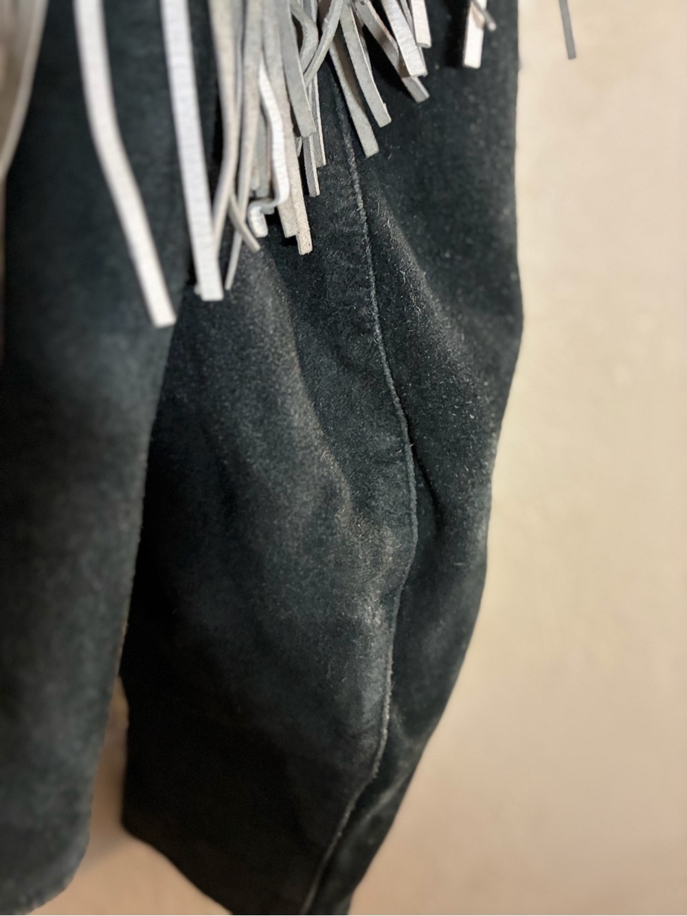 Fringed Suede Leather Jacket in Dark Gray with White Fringe - Picture 15 of 16